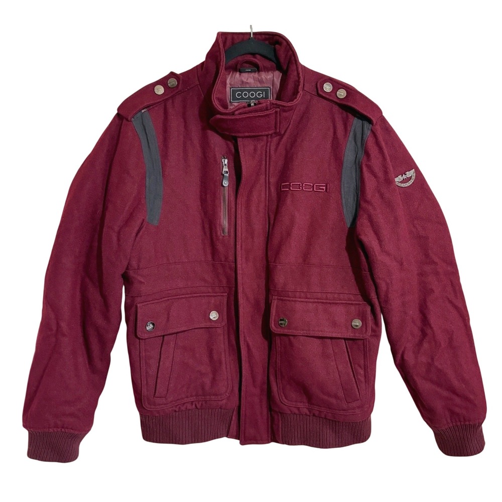 Coogi Mens Y2K Wool Blend Bomber Jacket Burgundy Military Utility Hip Hop